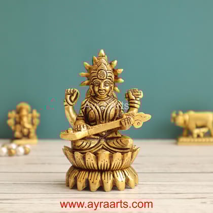 Brass Goddess Saraswati Idol in Kamala asana - 3.5 Inch Height