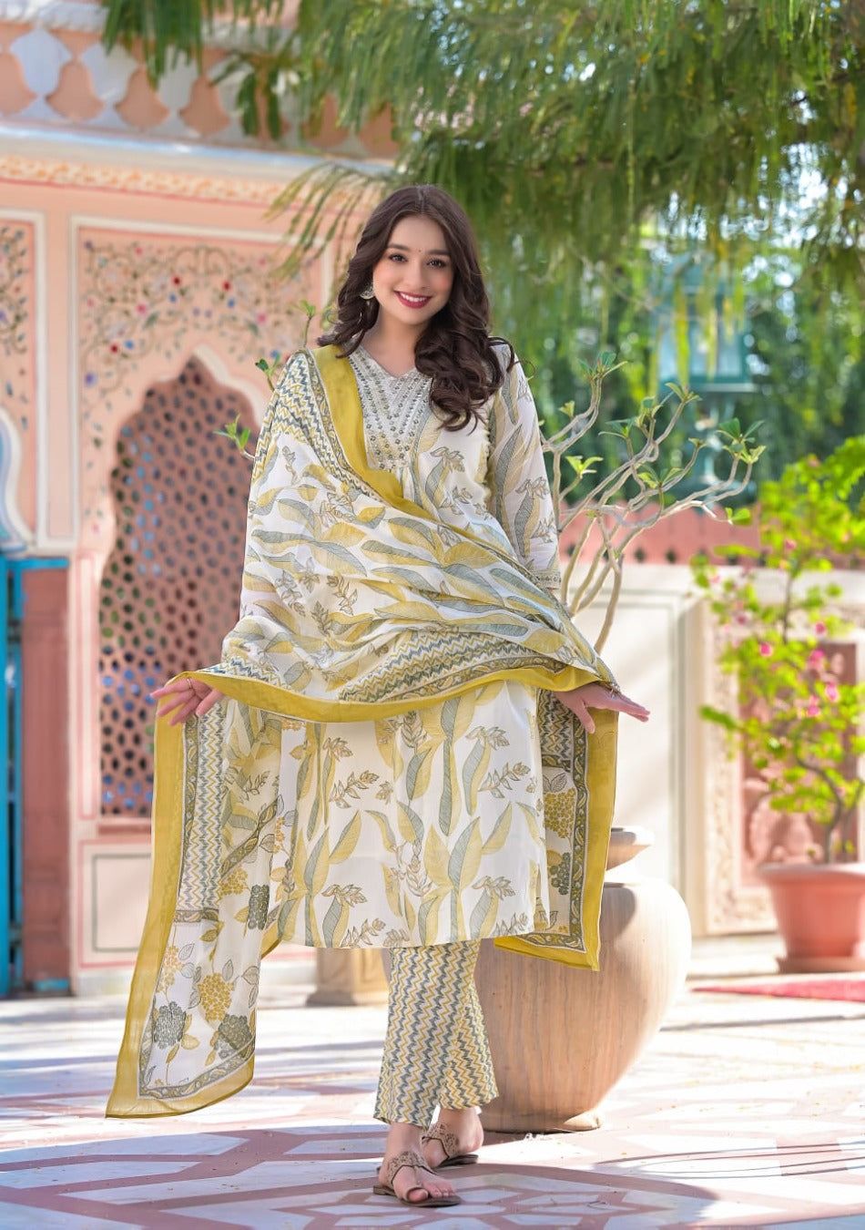 White-Lime Cotton Print Kurta Pant Set with Dupatta-M