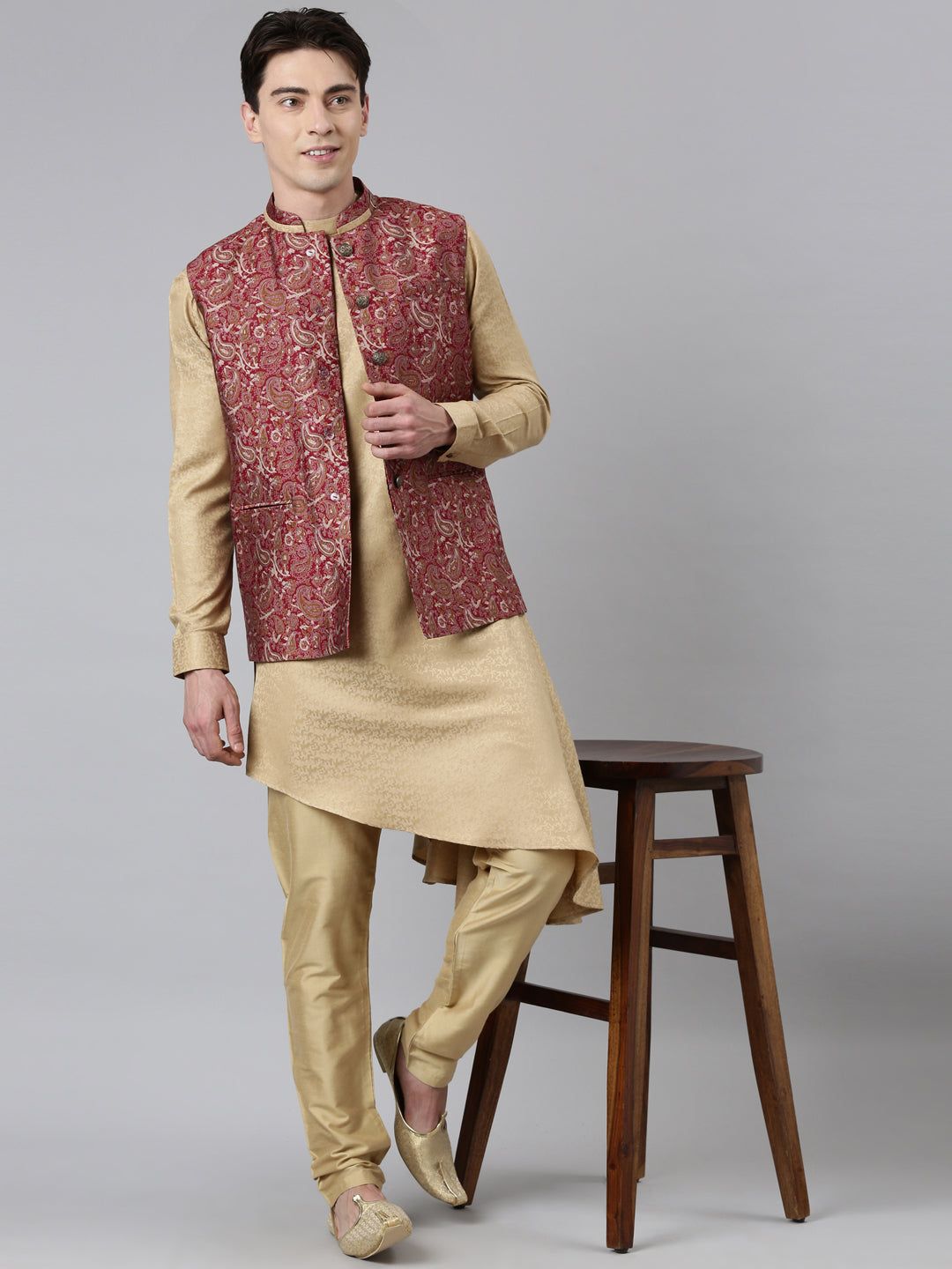 Printed Jacket With Self-Design Drape Side-Open Kurta-M/40 / Churidaar Set