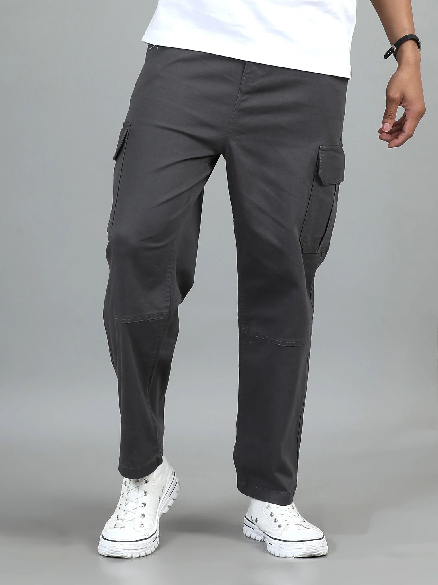 Men Cotton Baggy Fit Cargo Trousers, Dark Grey-28
