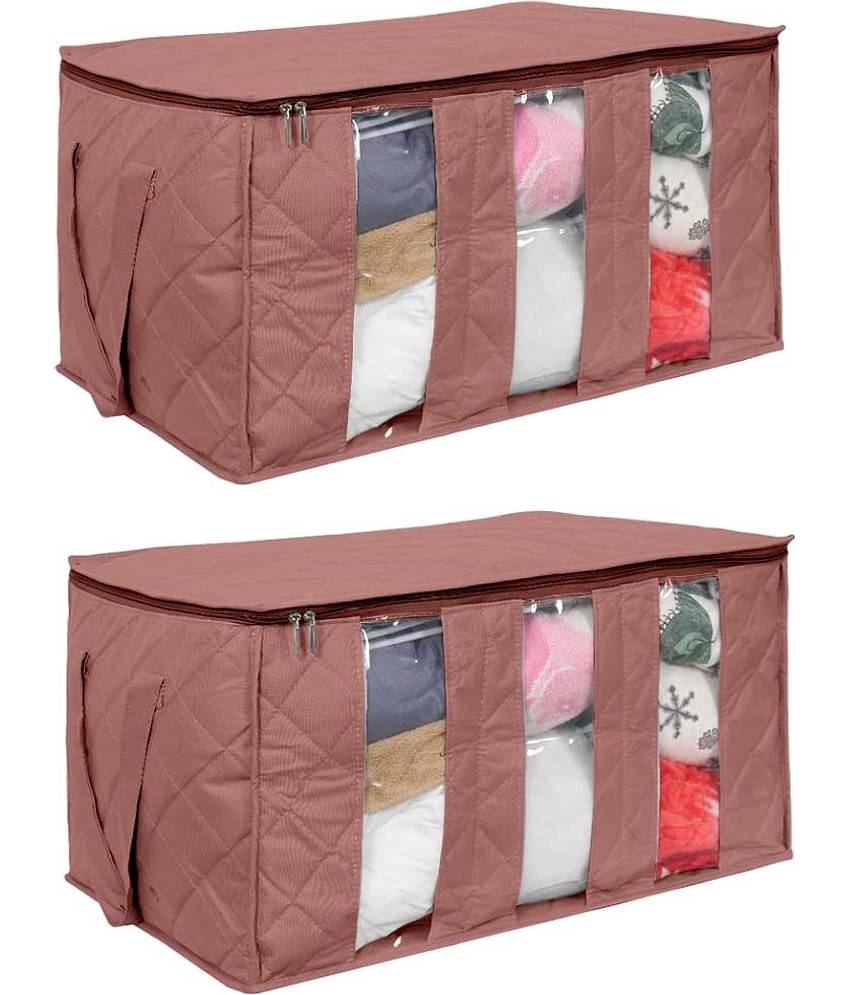 PrettyKrafts Underbed Fabric Storage Box Clothing Organizer with 3 Partitions, Beige, Rectangular (Pack of 2)