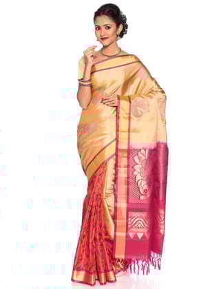 Off White-Pink Patli Pallu Saree - Kanchipuram Silk Saree | Patli Saree
