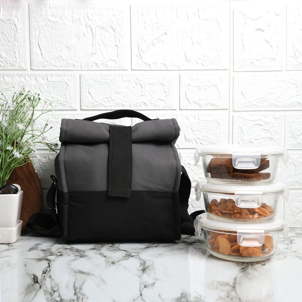 Femora Borosilicate Glass Round Container Grey Black Canvas Lunch Box-380ml, Set of 3