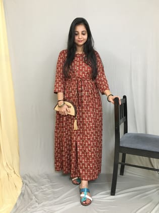 Ajrakh Maroon Cream Print - Maternity Kurti with Feeding Zips - Cotton Flex - Thicker Fabric-36 - 38 ( S - M )