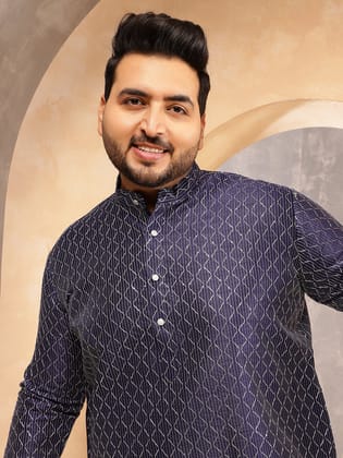 Men's Silk Blend Navy Long Kurta with Contrast White Thread Detailing-46
