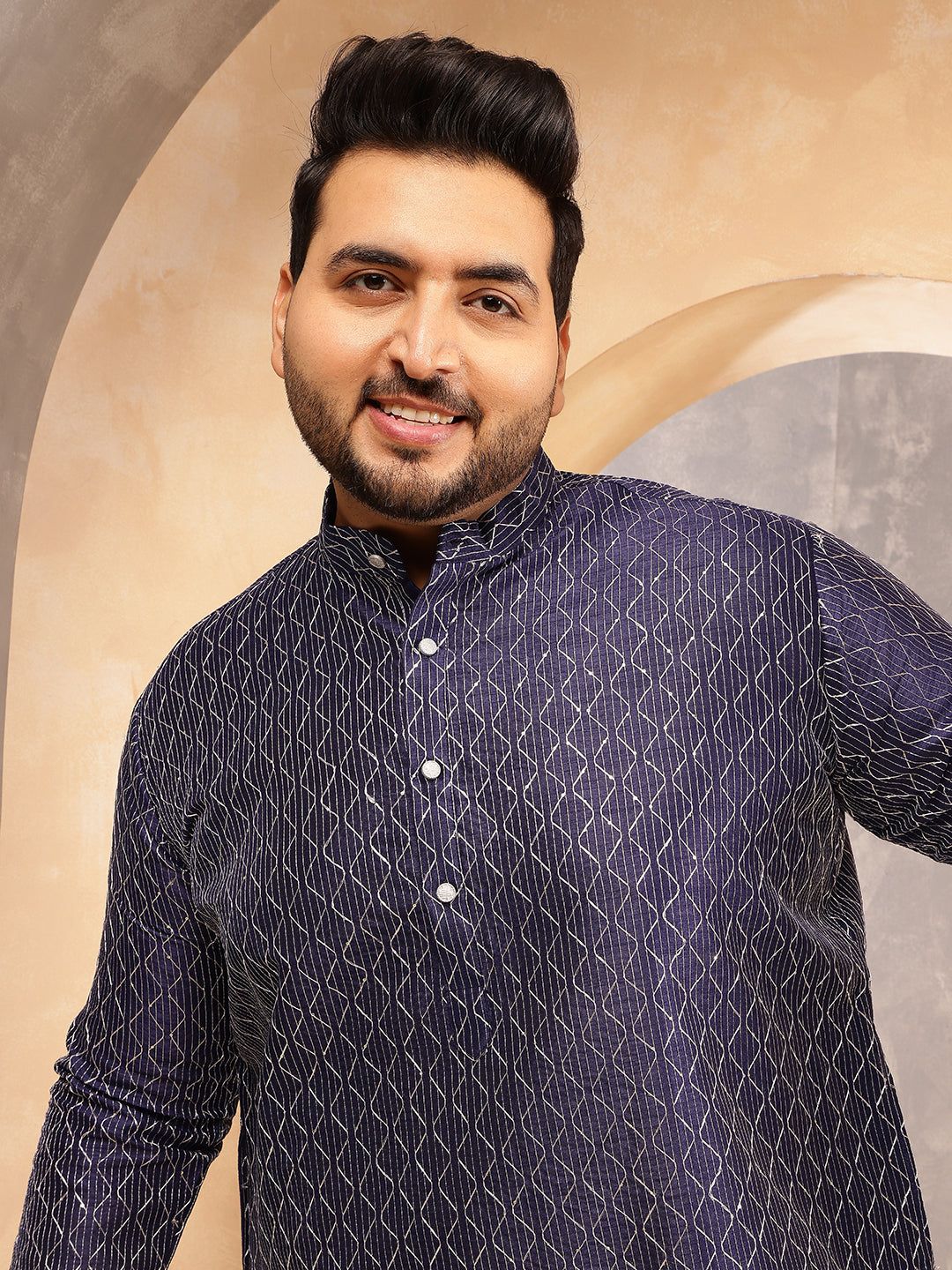 Men's Silk Blend Navy Long Kurta with Contrast White Thread Detailing-46