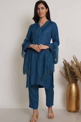 Blue Ruffle Plain Kurta Set Of 2-S