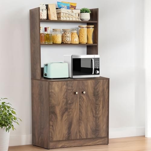 ABOUT SPACE 5 Tier Kitchen Organizer Rack - 5.5 ft Wooden Kitchen Cabinet with 3 Open Shelves & 2 Storage