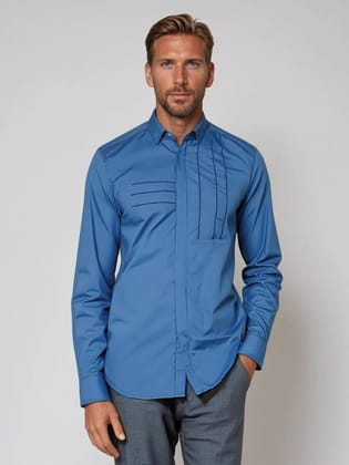 Blue Geometric Embroidered Casual Shirt-CORNFLOWERBLUE / S