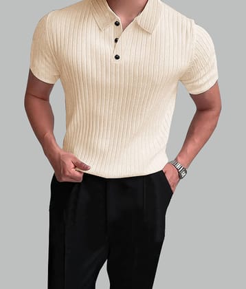 Eyebogler Men Cotton Blend Regular Fit Striped Polo T Shirt ( Beige )