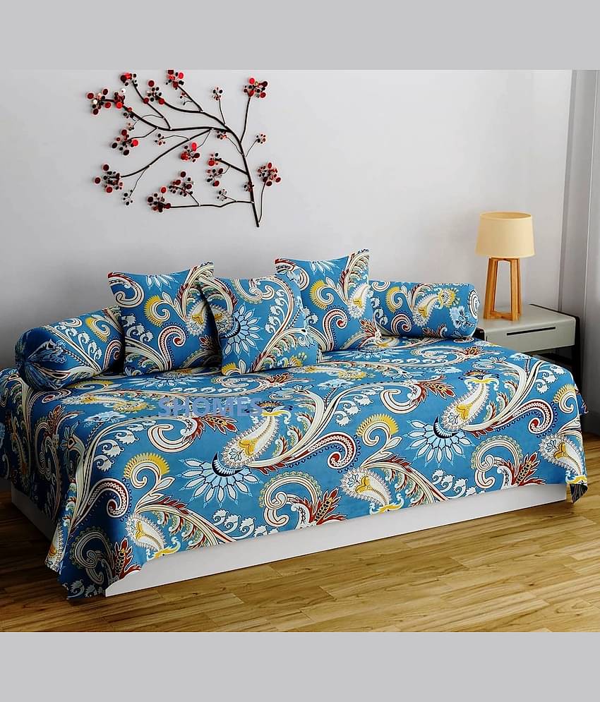 SHOMES Cotton Floral Diwan Set 6 Pcs - Blue