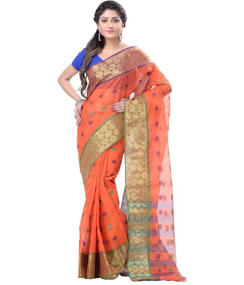 Desh Bidesh Cotton Printed Saree Without Blouse Piece ( Orange )