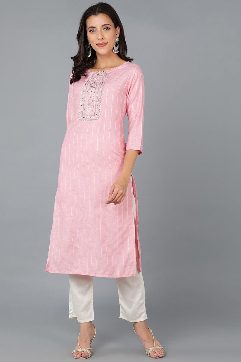 Pink Cotton Striped Yoke Design Straight Kurta VCK8920