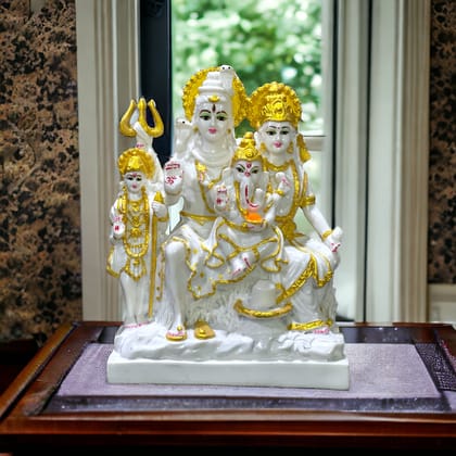 Shiv Parvati Ganesh Kartikeya  Shiv Parivar Marble Look Murti ,H 26.5 cm-Composite Marble