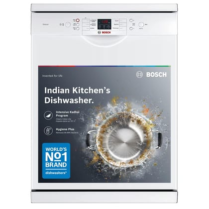 Bosch 13 Place Setting (fits up to 70 utensils) Free-Standing Dishwasher for Indian Utensils | Hygiene+ & Intensive Kadhai Program (SMS66GW01I, White, Inbuilt Heater, Removes 99.9% Germs) Bosch 13 Place Setting (fits up to 70 utensils) Free-Standing Dish