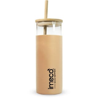 IMECO ECOSIPPER Glass Sipper with Bamboo Straw (450 ml, Peach) BPA-Free Leakproof and Eco Friendly,Stylish, Lightweight