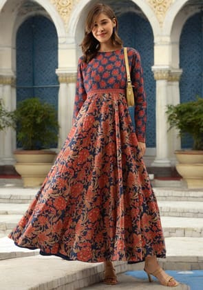 Blue Maroon Floral Printed Anarkali Kurta-XS