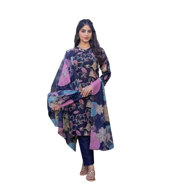 Women's Cotton Blend Printed Kurti With Pant Dupatta Set (NavyBlue, S)-PID63054
