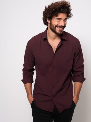 Burgundy Casual Tailored Fit Cotton Shirt-BURGUNDY / S