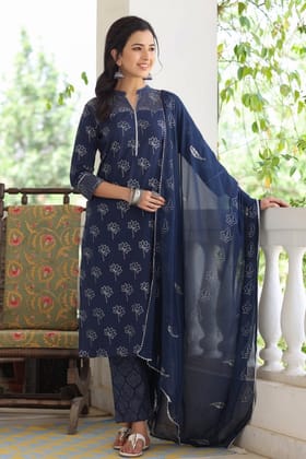 Navy Blue Floral Printed Kurta with Palazzos with Dupatta – Ahika VKSKD1190