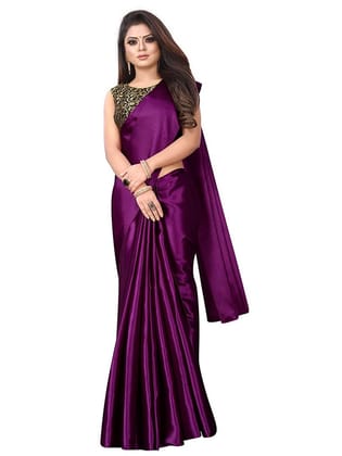 Generic Women's Satin Saree with Blouse (Wine, 5 - 6 Mtrs)