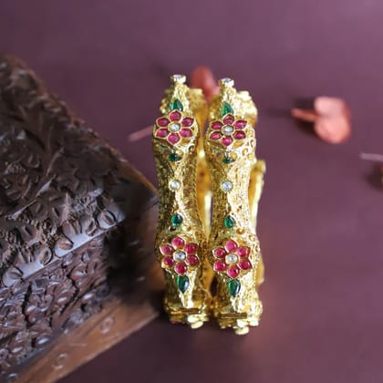 Trendisia Antique Gold-Plated Floral Filigree Bangles with Red & Green Stone Accents