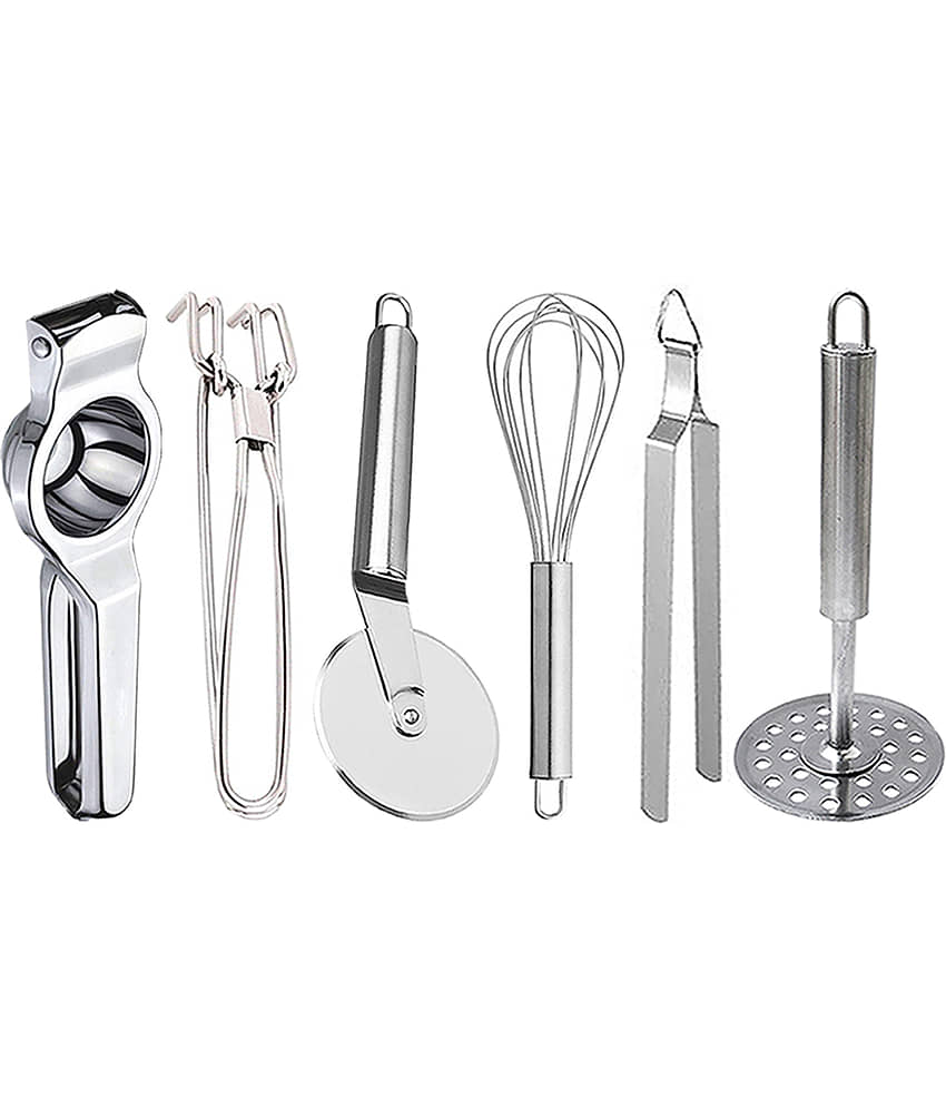 JISUN - Silver Stainless Steel Lemon-Pakkad-Pizza Cutter-Whisk-Chimta-Masher ( Set of 6 )