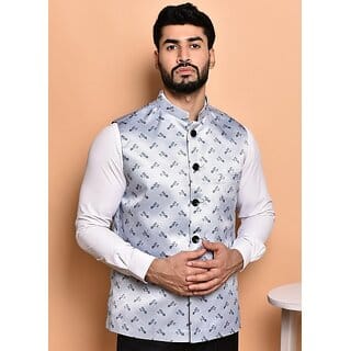 PrintCulture Men Printed Silver Cotton Blend Nehru Jacket