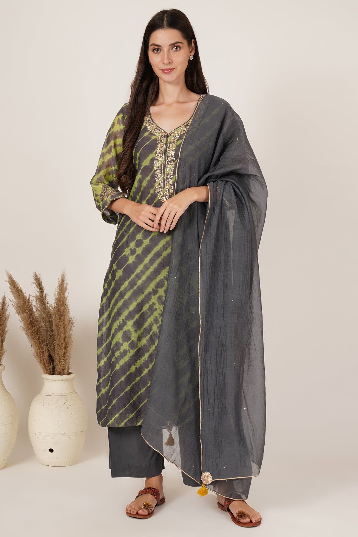 Grey and Lime Green lehariya kurta set of 3-S