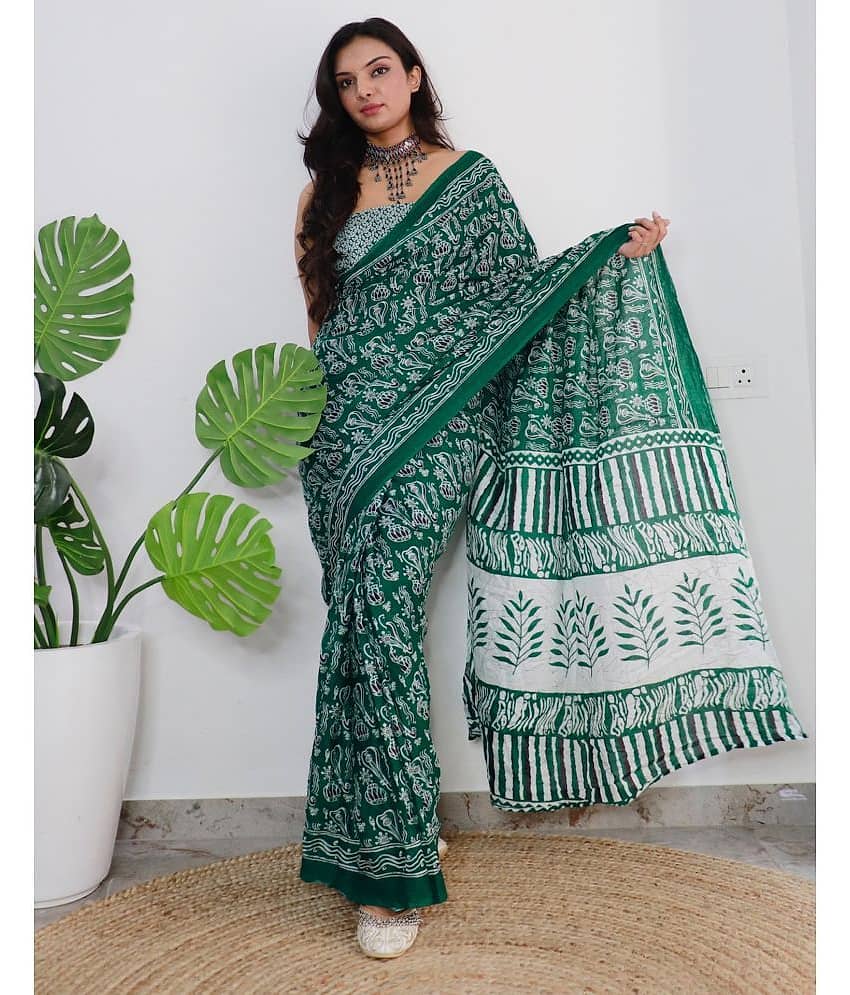 Satrani Cotton Printed Ready to Wear Saree With Unstitched Blouse Piece ( Green )