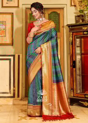 Roohi : Gold And Silver Zari Stripe Kanjivaram Saree In The Shades Of Blue And Red