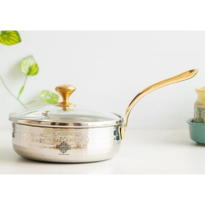 Stainless Steel Hammered Serving Fry Pan with Brass Handle and Glass Lid-300ML