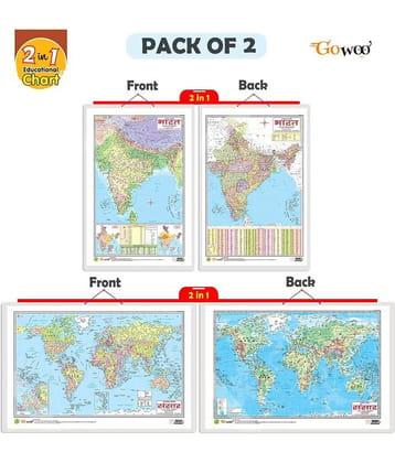Set of 2 | 2 IN 1 INDIA POLITICAL AND PHYSICAL MAP IN HINDI and 2 IN 1 WORLD POLITICAL AND PHYSICAL MAP IN HINDI Educational Charts