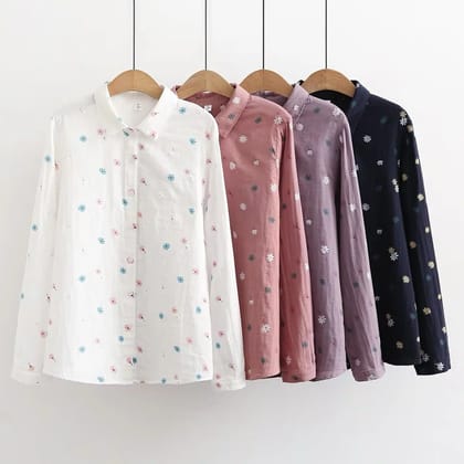 Flower Printed Long Sleeves Cotton Comfort Shirt-PEACH / S
