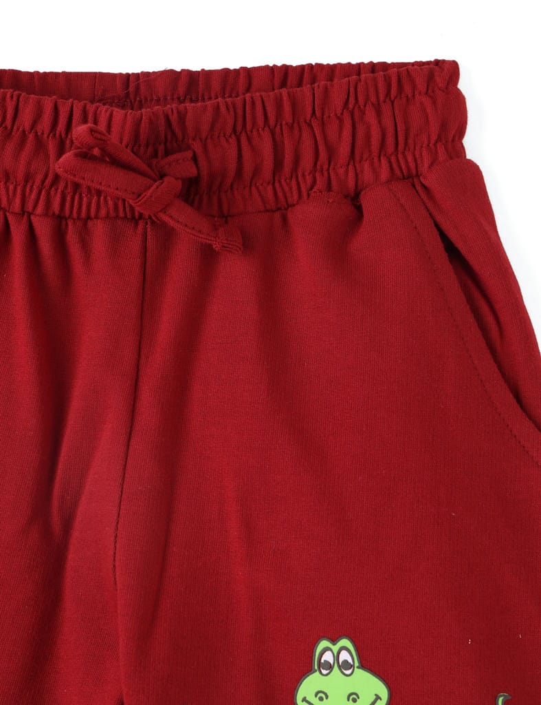 Stylish Kids Boys Shorts Cotton French Terry Winery Red Cute Dino 2025 at ShopCircuit | ONDC
