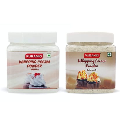 Puramio Whipping Cream Powder Combo Pack - Vanilla & Butterscotch, 250 gm Each - Pack of 2