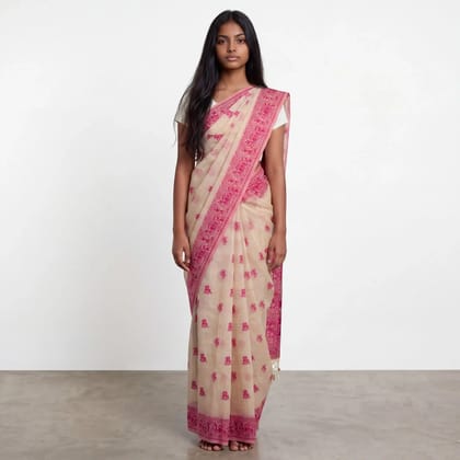 Bomkai Sonepuri Cream Cotton Saree Magenta Pink Buti Border Bomkai Sonepuri Cream Cotton Saree Magenta Pink Buti Border