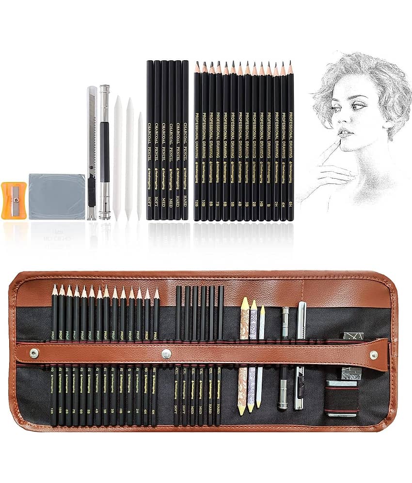 Angel Bear 29 Pieces Professional Sketching & Drawing Art Tool Kit with Graphite Pencils, Charcoal Pencils, Paper Erasable Pen, Craft Knife-Lightwish (with Canvas Rolling Pouch)