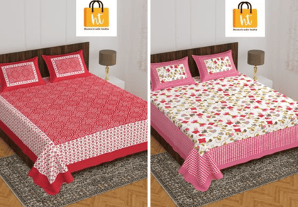2201-Hometrade India- Standard Double Size (90*100 in )-Combo Jaipuri Double bedsheet With Matching Pillow Cover