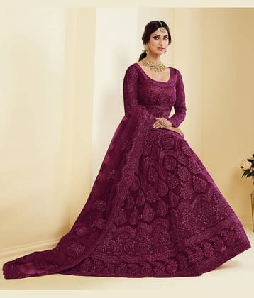 Aika Women Net Flared Semi Stitched Ethnic Gown ( Wine )