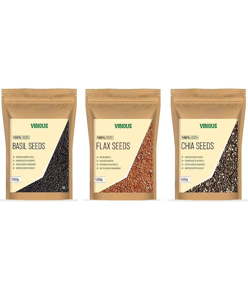 VIBIOUS Premium Grade Combo pack of 3 Edible Raw Seeds of Chia, Basil & Flax 300g(100gX3)
