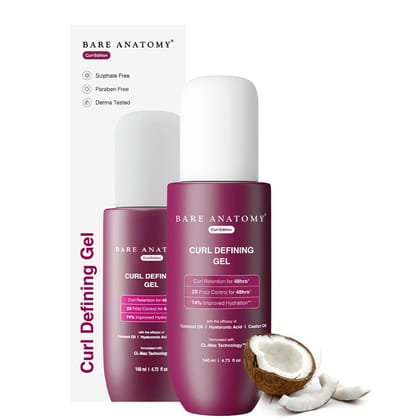 Bare Anatomy Curl Defining Gel | For Well Defined Shiny Curls | Curl Retention & 2X Frizz Protection For 48 Hours | Coconut Oil, Hyaluronic Acid & Castor Oil | Sulphate & Paraben Free | 140 ml Bare Anatomy Curl Defining Gel | For Well Defined Shiny Curls Bare Anatomy Curl Defining Gel | For Well Defined Shiny Curls | Curl Retention & 2X Frizz Protection For 48 Hours | Coconut Oil, Hyaluronic Acid & Castor Oil | Sulphate & Paraben Free | 140 ml Bare Anatomy Curl Defining Gel | For Well Defined Shiny Curls