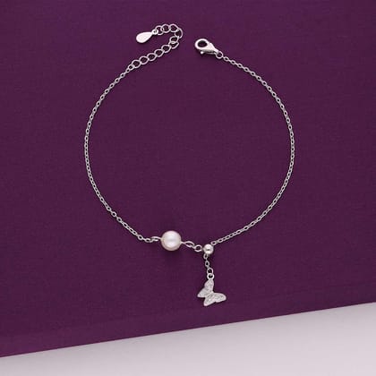 Sterling Silver Bejewelled Butterfly Pearl Charm Bracelet-Pearl / Silver