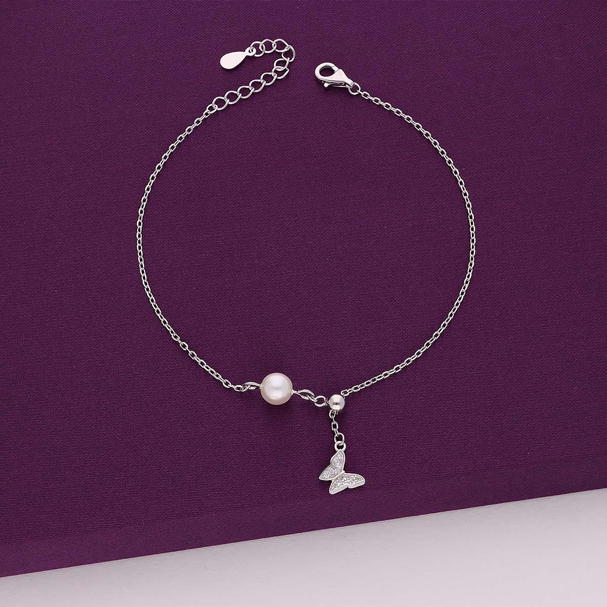 Sterling Silver Bejewelled Butterfly Pearl Charm Bracelet-Pearl / Silver