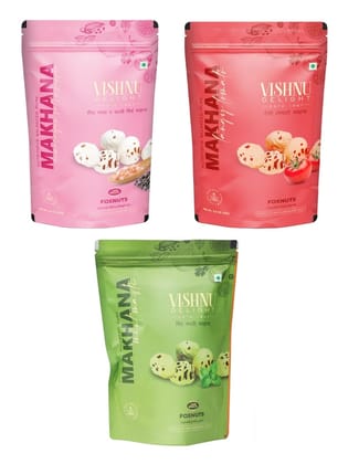 Vishnu Delight Organic Makhana Combo Pack - 3 of 60g Each flavor - Himalayan Salt N Pepper, Tangy Tomato, Mint Masti - Crunchy, Deliciously, and Full of Flavorful Indian Spices Snacks