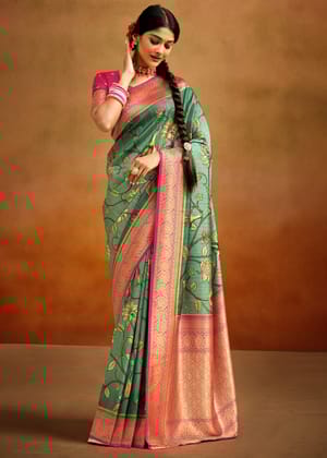 Delight Green Woven Banarasi Silk Saree With Kalamkari Print
