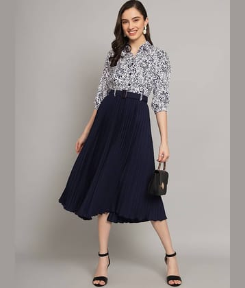 Femvy Women Polyester Printed Fit & Flare Dress ( Blue )