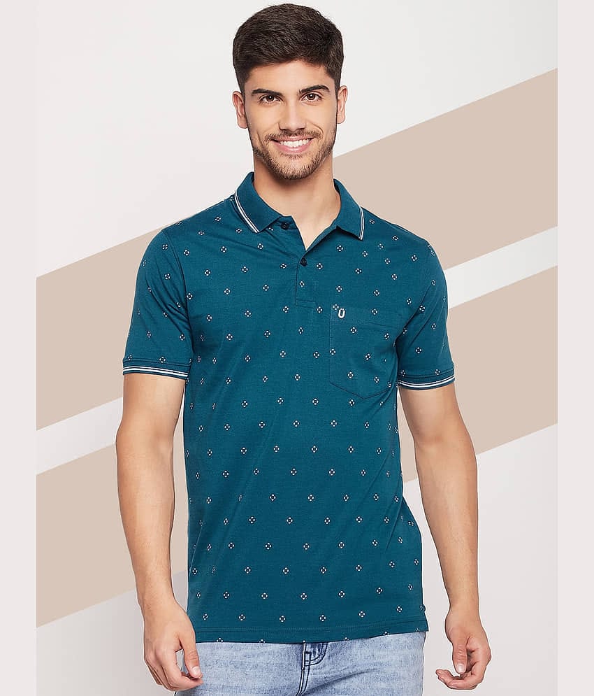 UNIBERRY Pack of 1 Cotton Blend Regular Fit Printed Half Sleeves Men's Polo T Shirt ( Teal Blue )