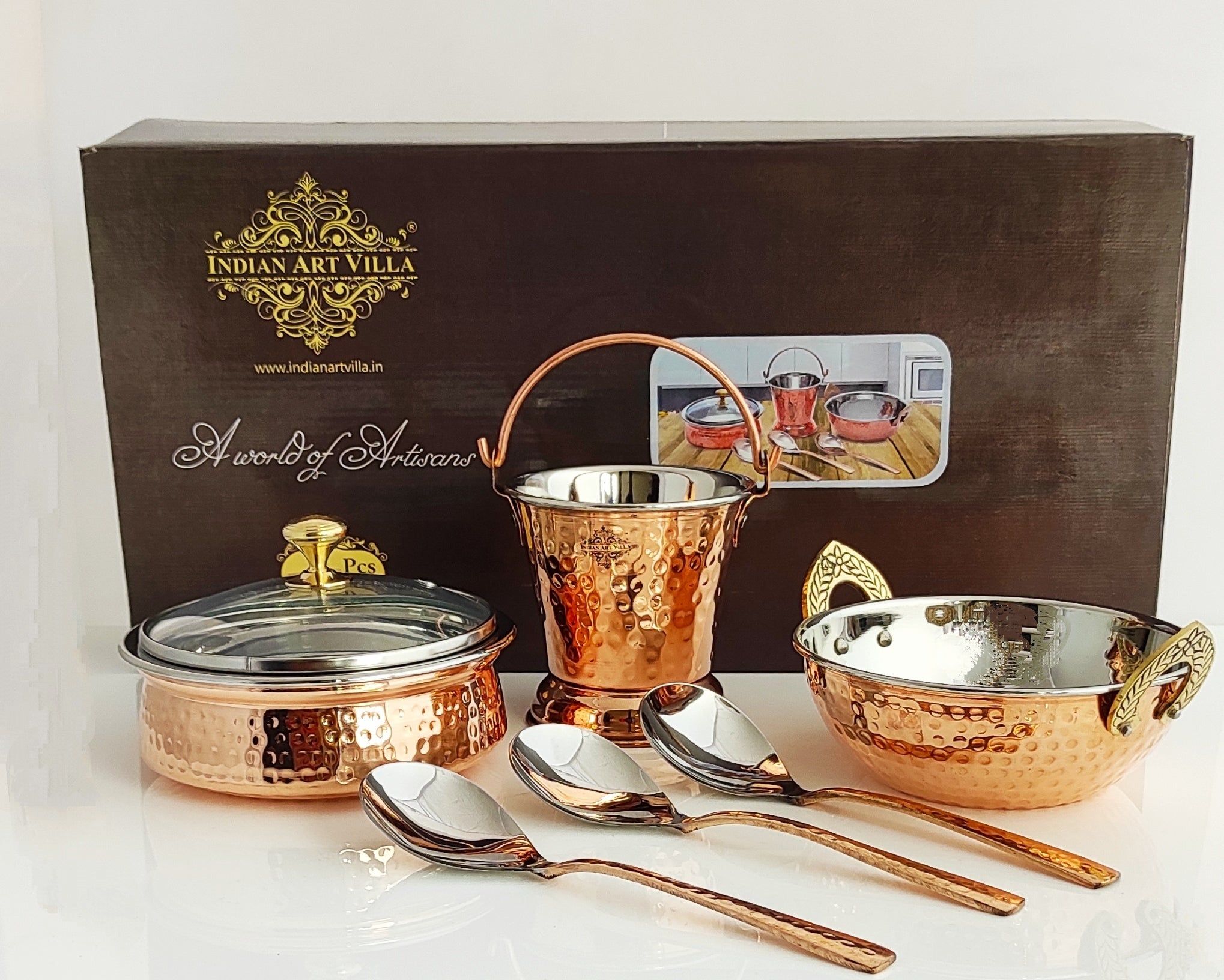 Handcrafted Pure Steel Copper 7 Pieces Hammered Design Dinner Set, Tableware, Serveware-7