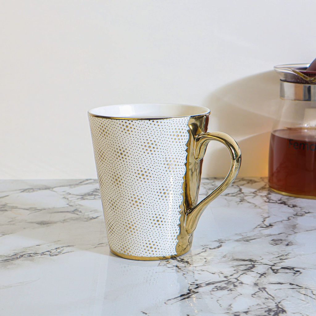 Femora Fine Bone China White-Golden Coffee Mugs, Tea Mugs, Ceramic Tea Cups (330 ml, White/Golden) - 3 Pcs Set